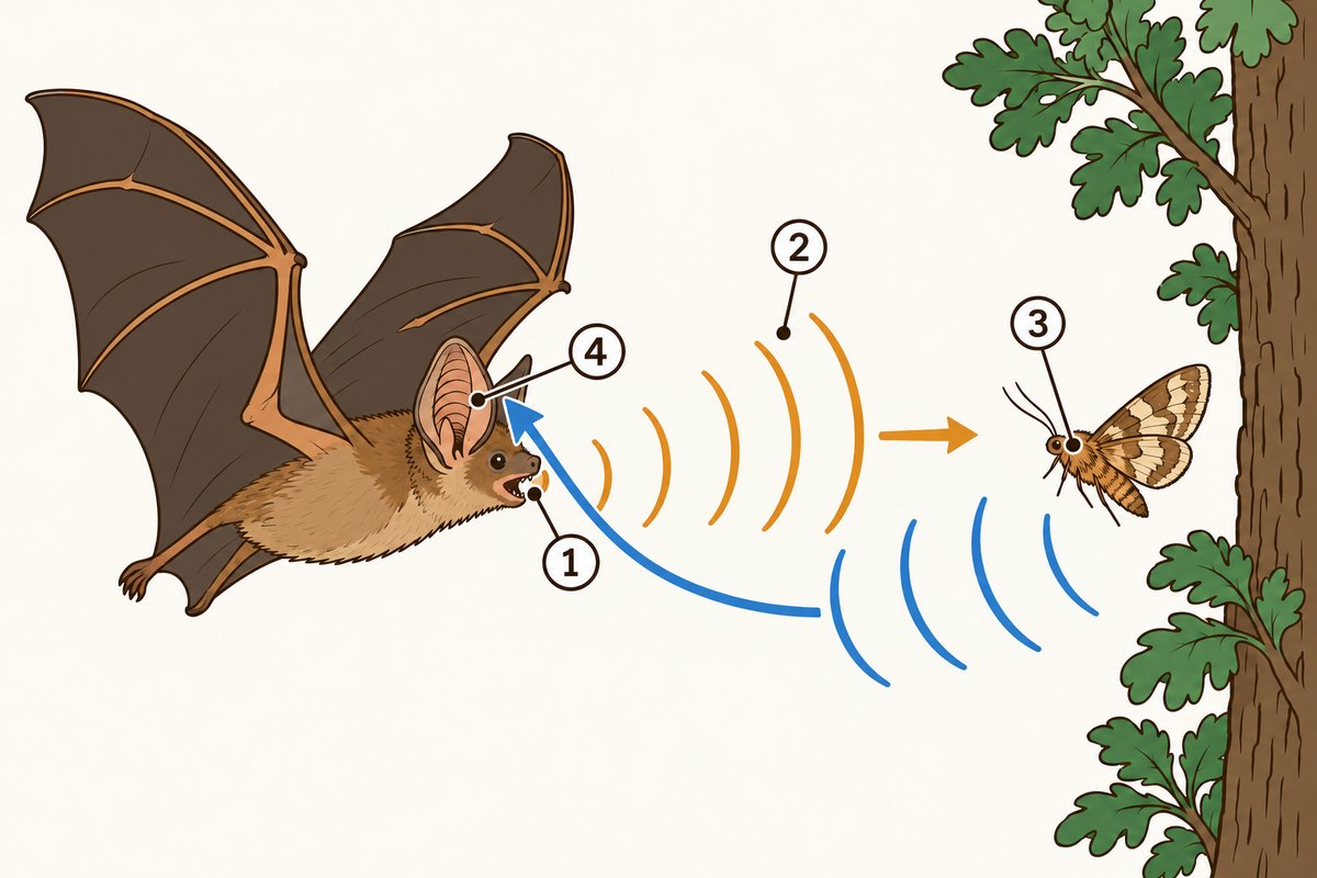 Ilustração de um morcego emitindo um som agudo pela boca e captando com as orelhas o eco que volta de um inseto.