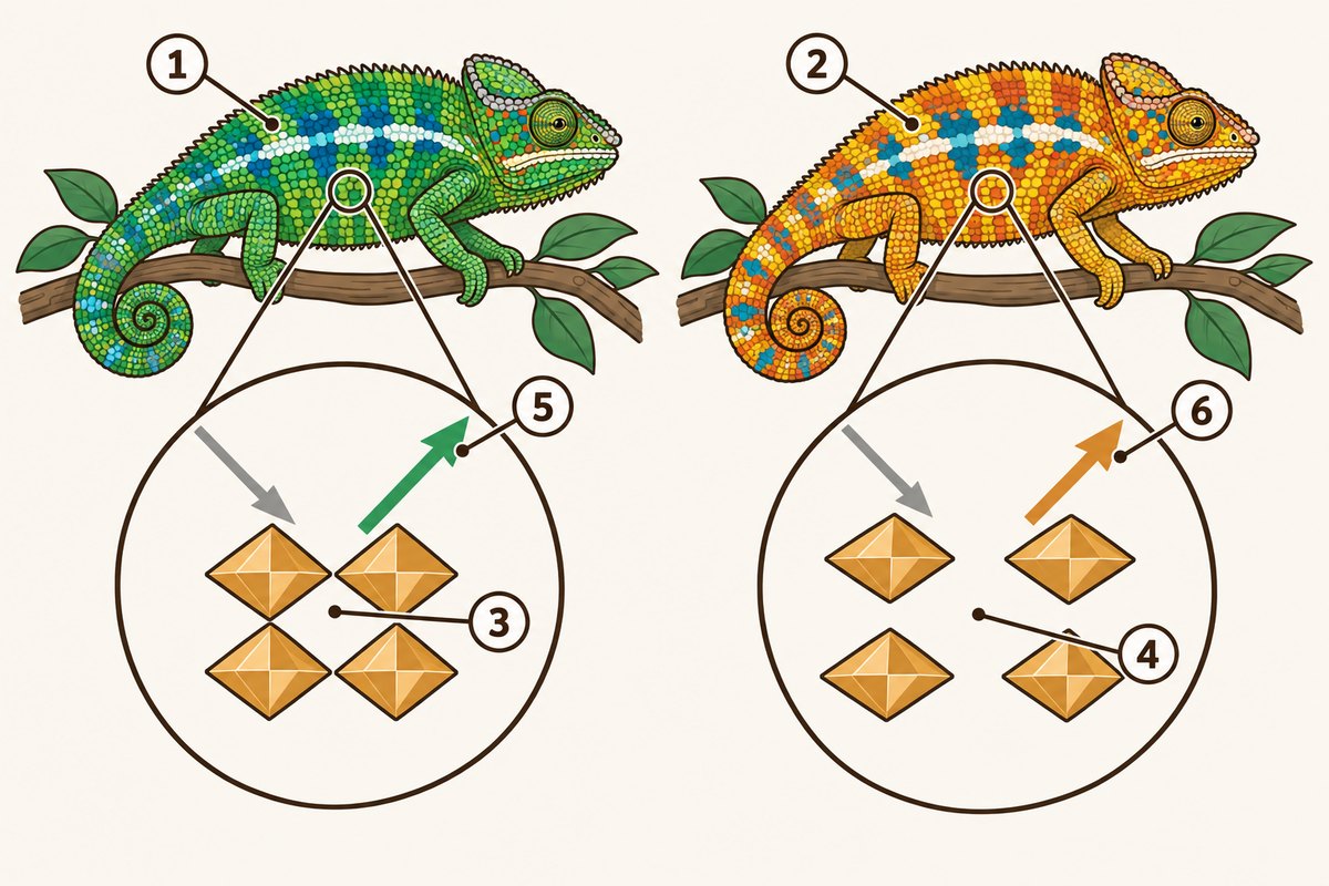 Illustration of a calm green chameleon next to an excited yellow-orange one. The close-ups show tiny crystals in the skin; when the spacing widens, the color of the reflected light changes.