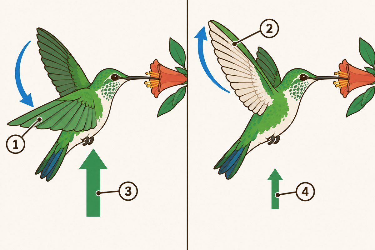 Ilustración de un colibrí cerniéndose junto a una flor. Izquierda: aleteo hacia abajo. Derecha: aleteo hacia arriba con el ala invertida. Ambos generan fuerza hacia arriba.