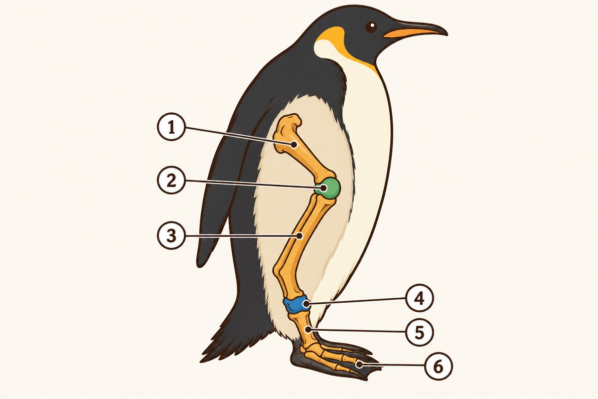 Illustration of the leg bones inside a penguin's body. The thigh bone and knee are hidden under the feathers; only the part below the ankle shows.