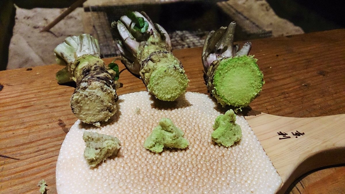Grated wasabi on a sharkskin grater, next to a wasabi rhizome